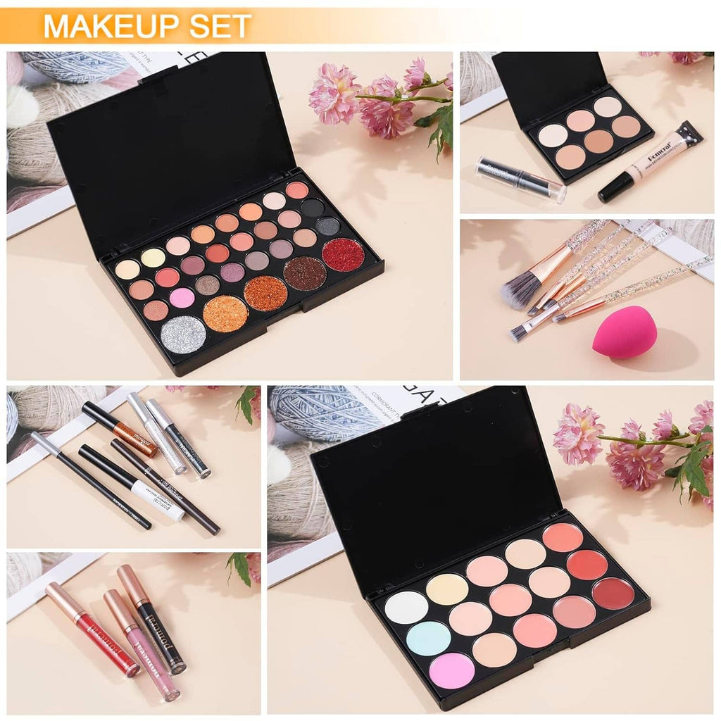 Portable makeup set with black travel case, eyeshadow palette, and assorted lip and brush tools