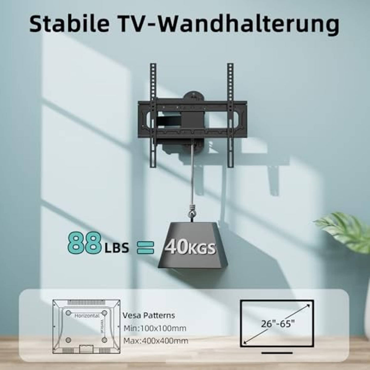 TV wall mount with VESA patterns and TV size range graphic