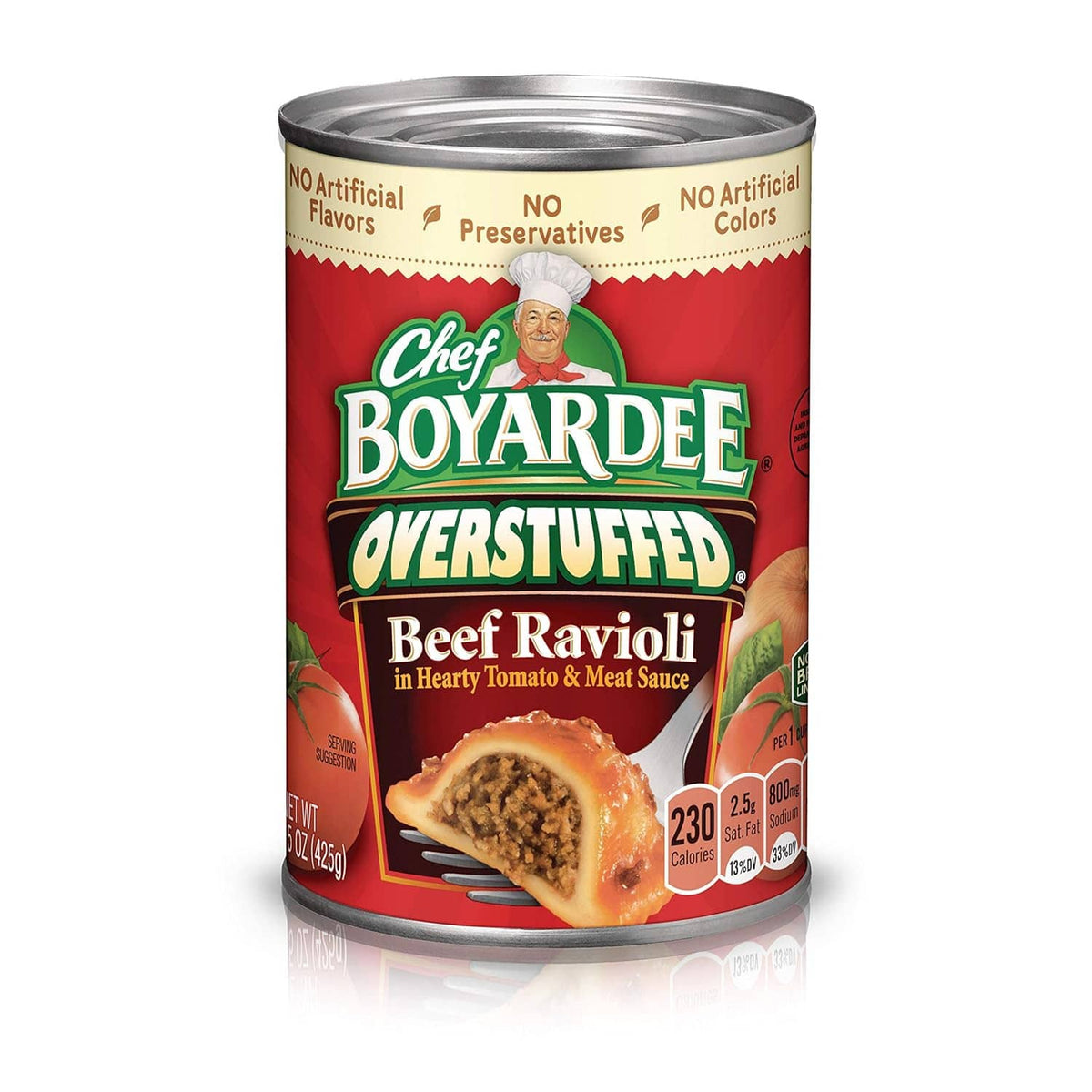 Chef Boyardee Overstuffed Beef Ravioli can, beef ravioli in hearty tomato & meat sauce