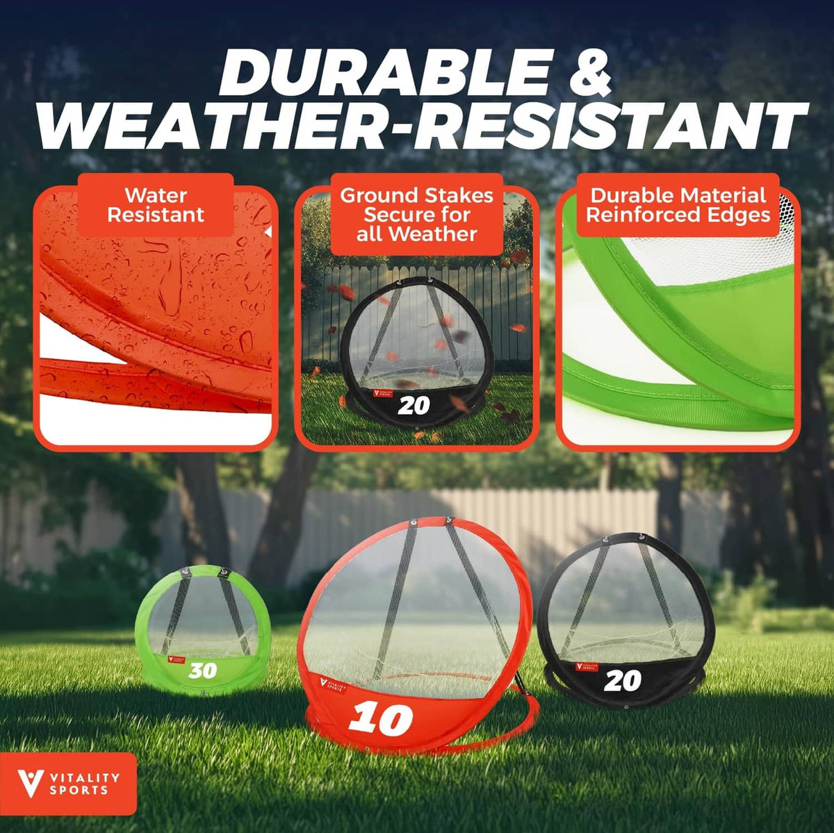 Durable golf chipping target nets: red 10, green 30, and black 20 point frames