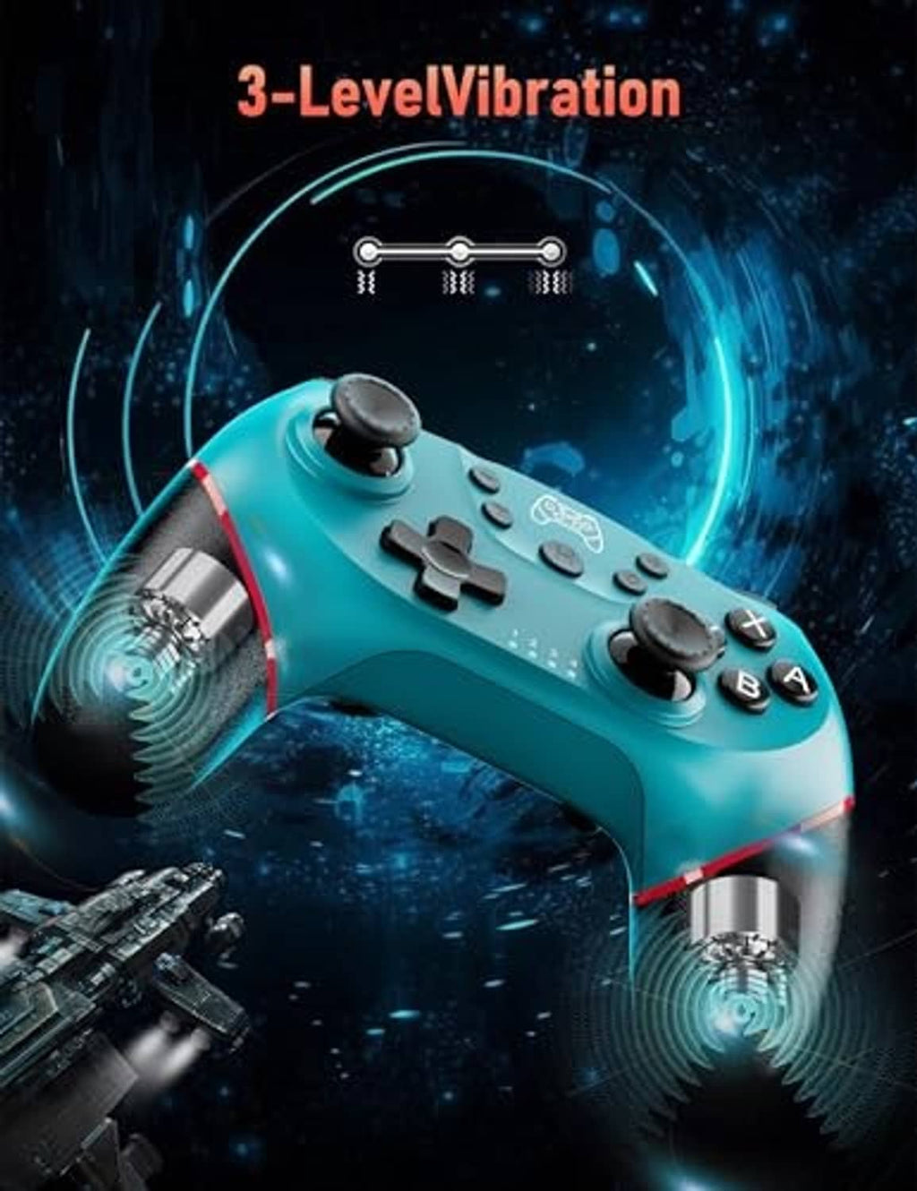 Teal wireless game controller with face buttons, D-pad, and dual analog sticks
