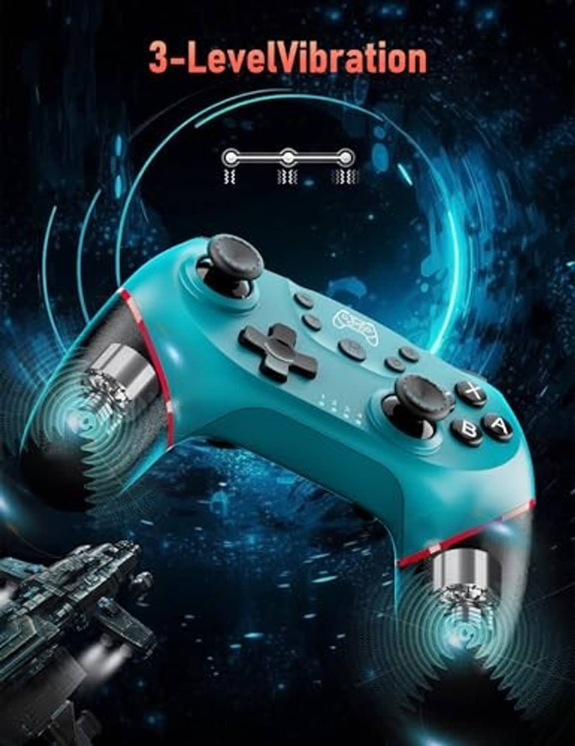 Teal wireless game controller with face buttons, D-pad, and dual analog sticks