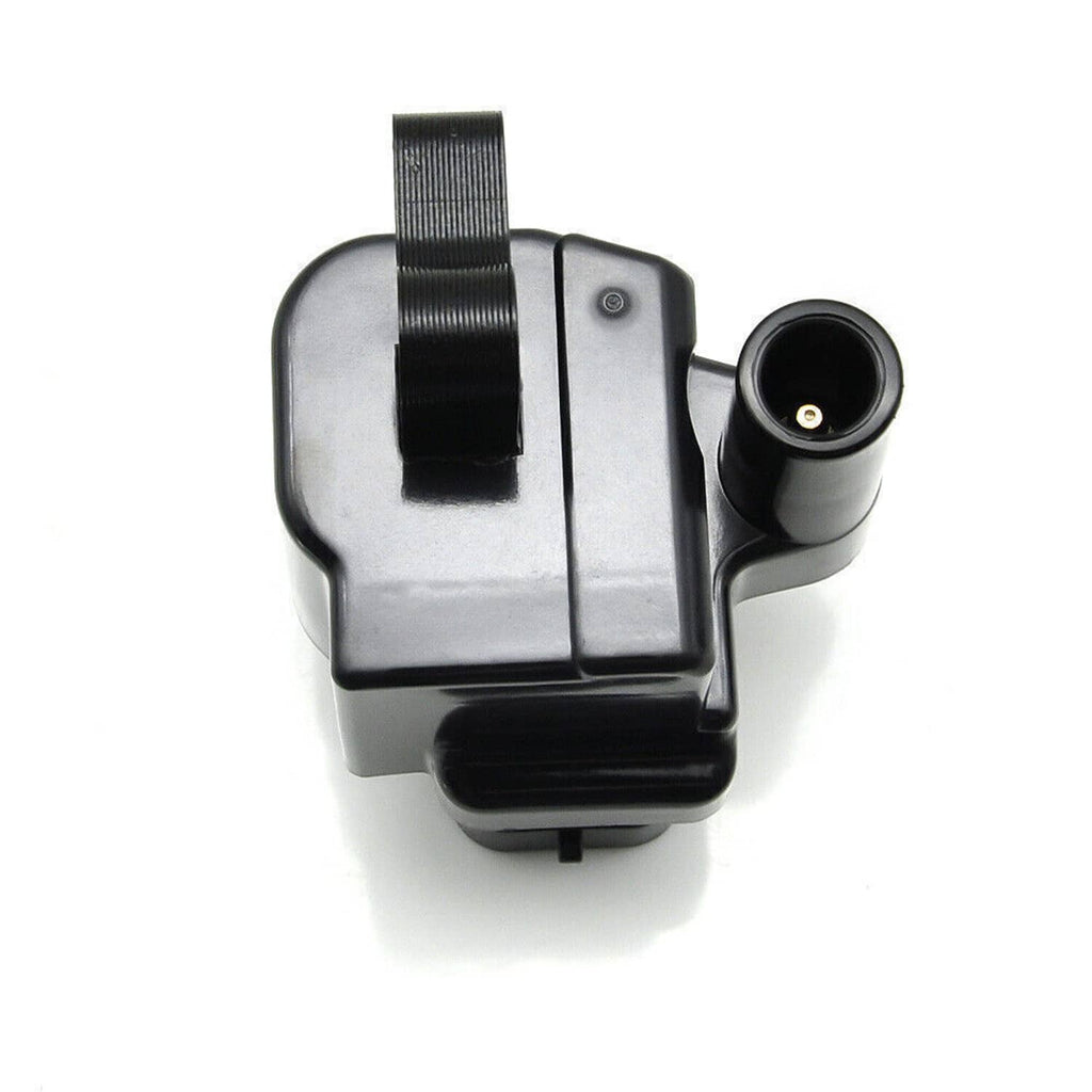 Silver-and-black ignition coil pack with rubber strap and round electrical port