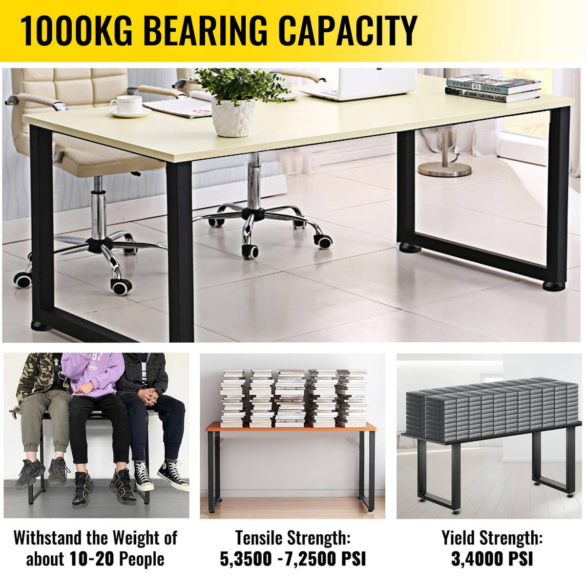 Black metal table legs frame under a large work table with caster-ready leveling feet