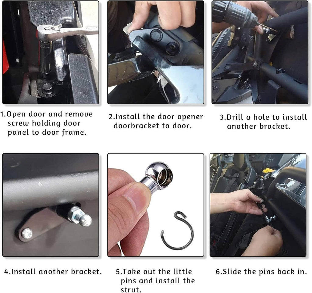 Door strut installation kit showing brackets, chrome ball ends, and fastening bolts