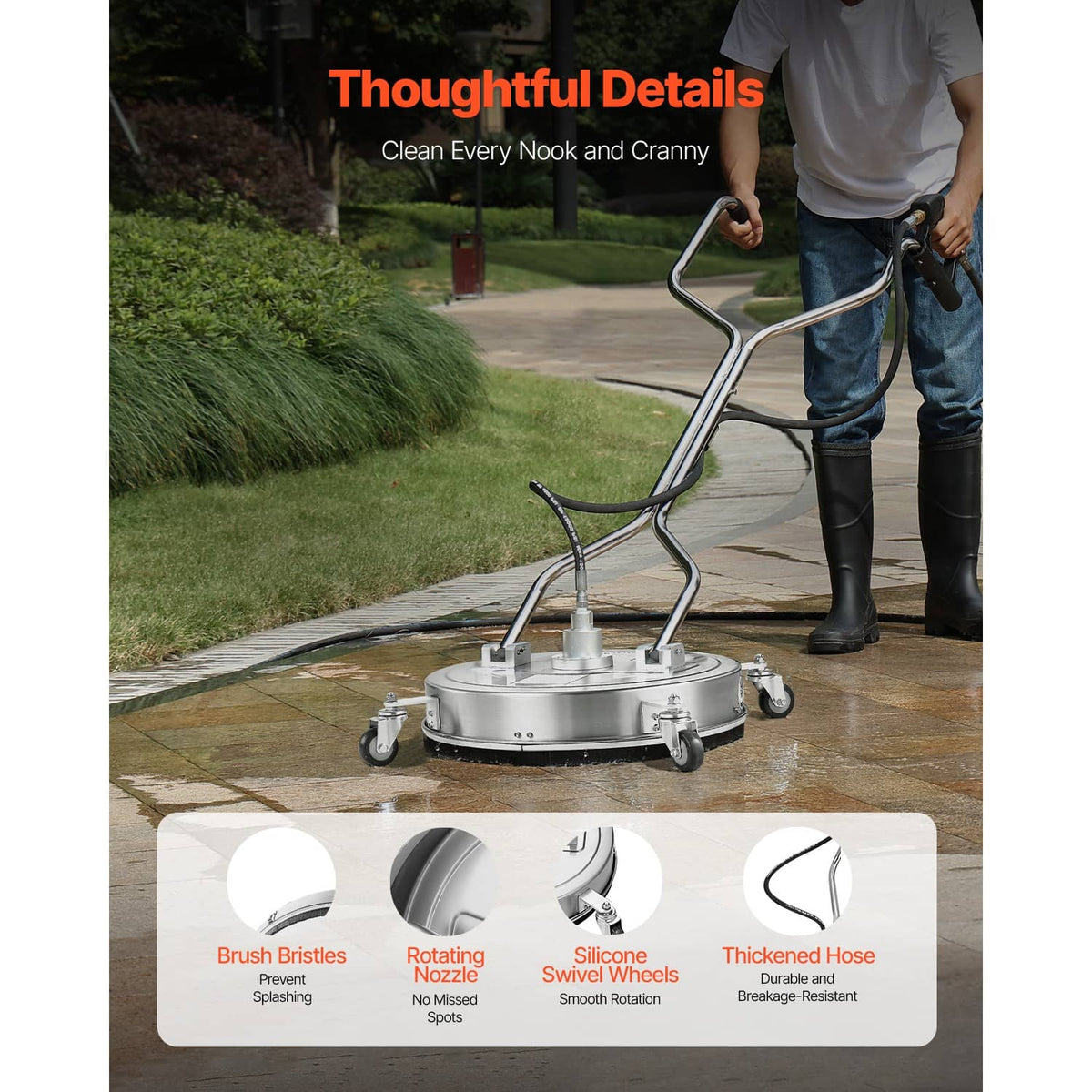 Dual-handle pressure washer surface cleaner with round disc and four swivel wheels