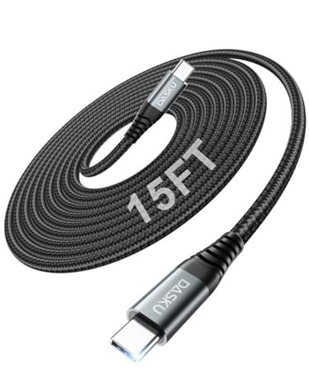 Coiled black braided USB-C to USB-C cable with 15 ft marking and USB-C ends