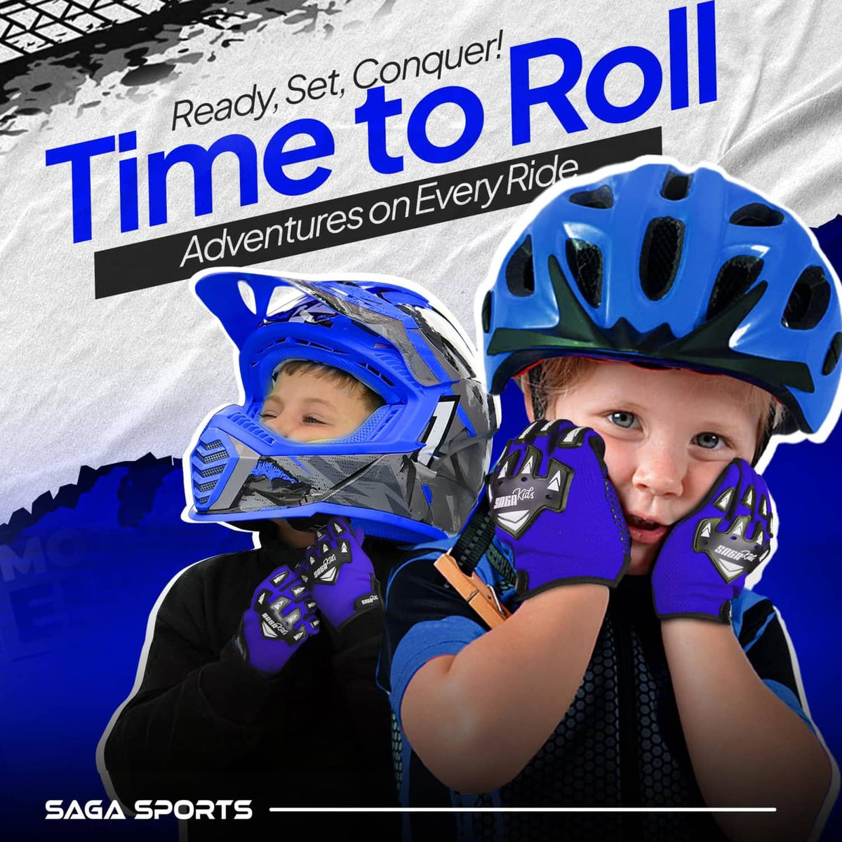 Blue motocross gloves for youth, visible knuckle guards and textured grip palm