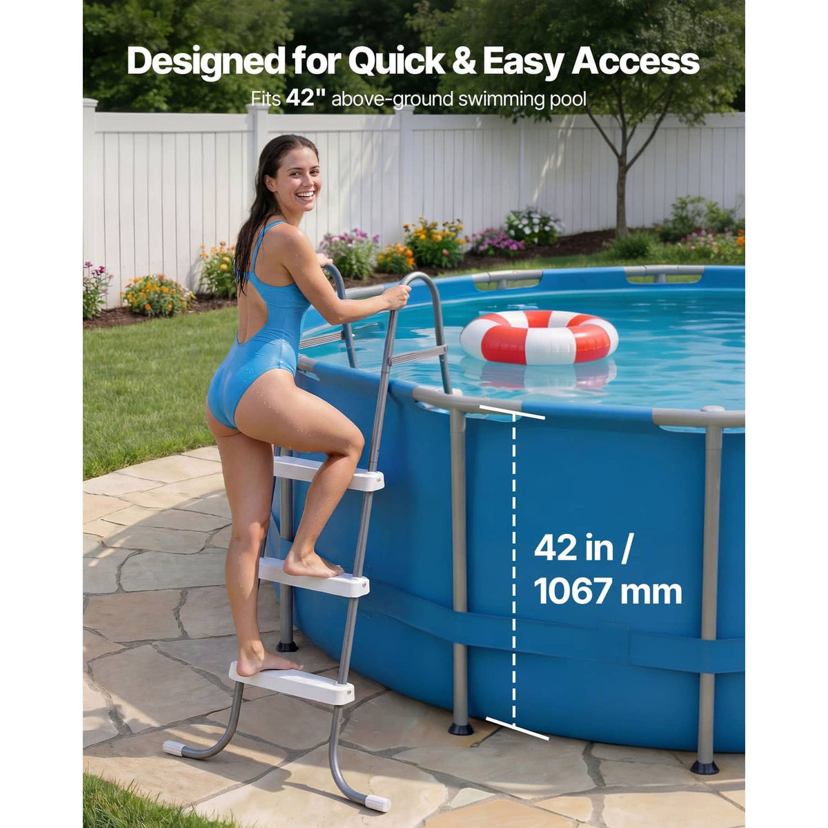 Gray 3-step A-frame pool ladder with steps and curved handrails on pool deck