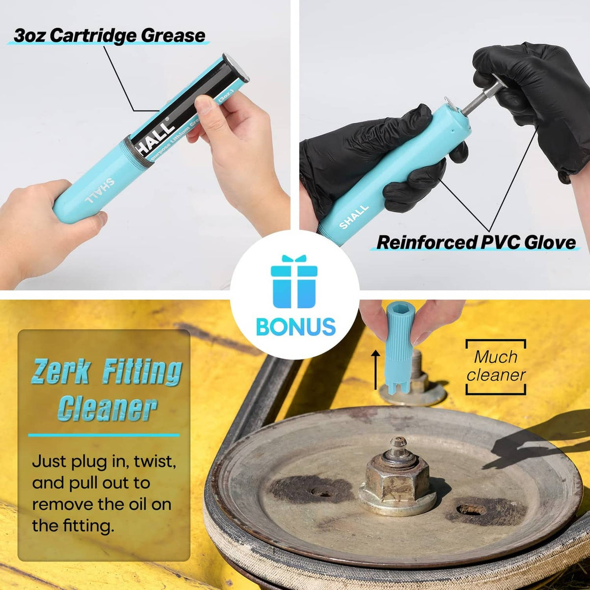 3oz cartridge grease, bonus cleaner, and reinforced PVC glove included