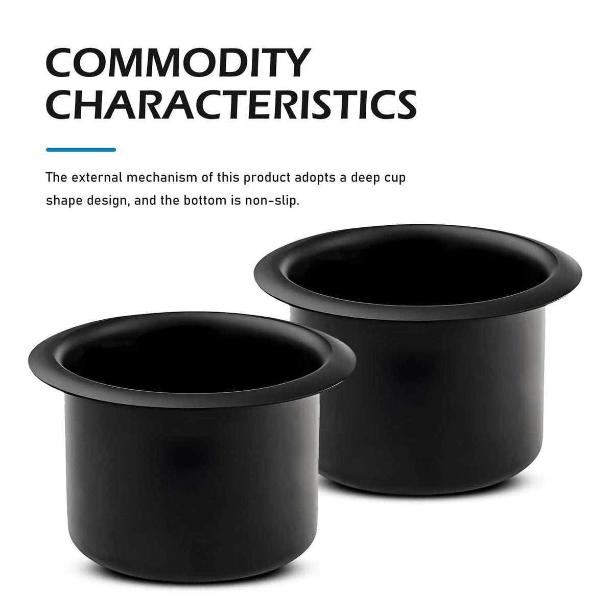 Black recessed cup holder insert pair with wide flared rim and deep interior