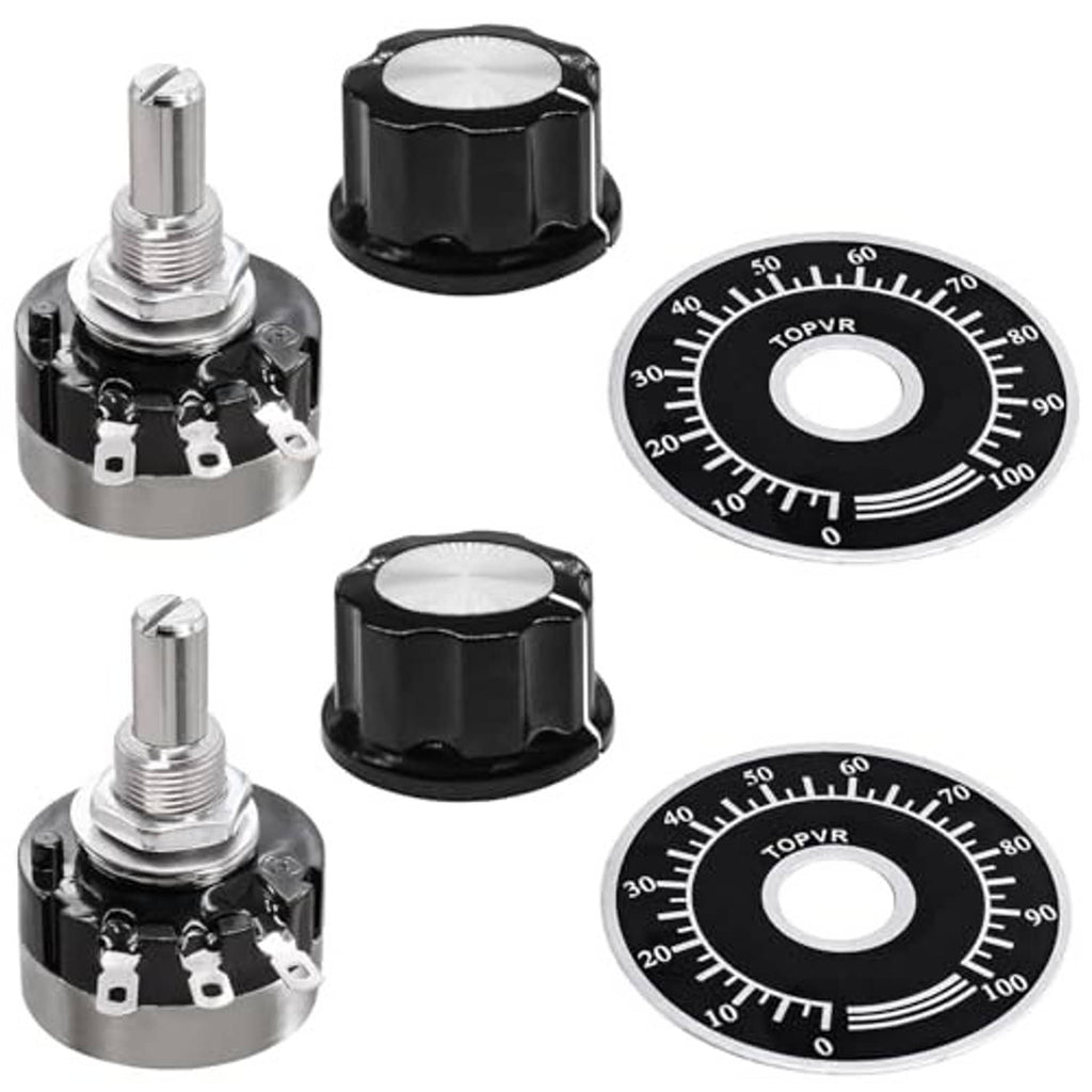 Set of rotary potentiometers with black knobs, threaded metal shafts, and numbered dials