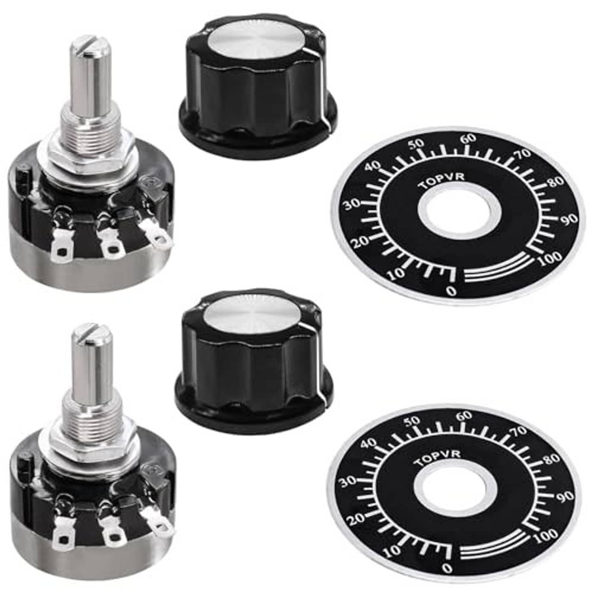 Set of rotary potentiometers with black knobs, threaded metal shafts, and numbered dials