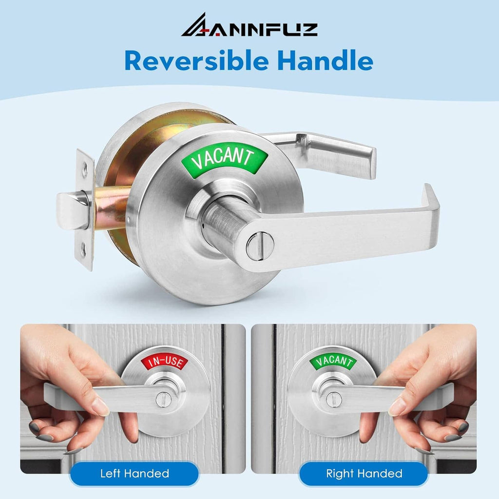 Reversible privacy lever door handle lock with green VACANT indicator on round rosette