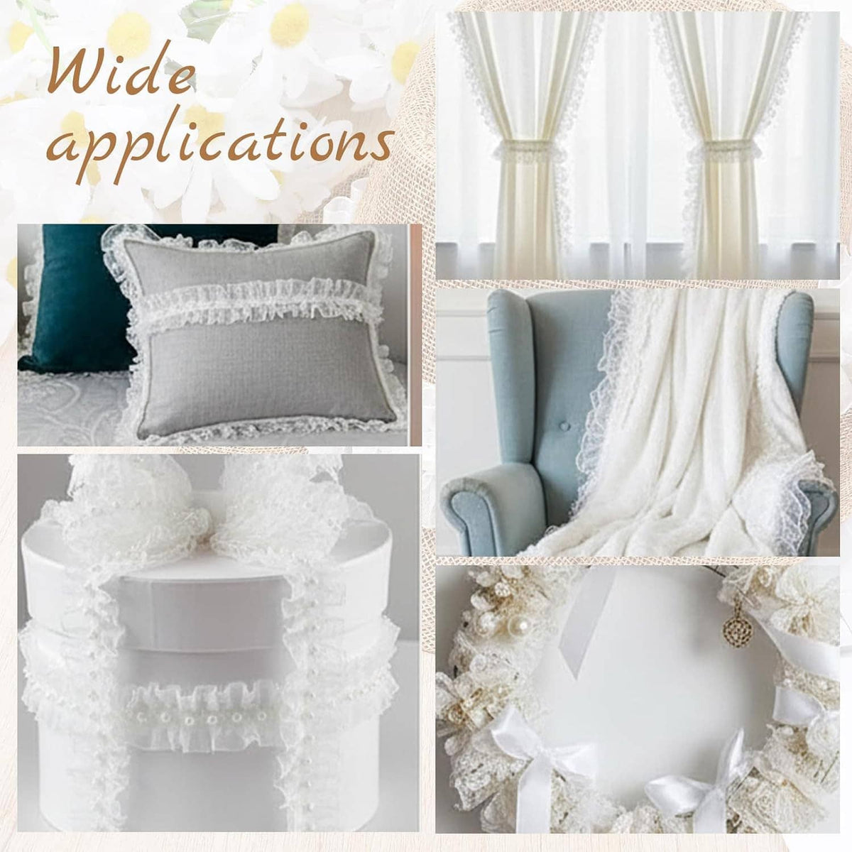 White pearl lace ruffle trim used along pillow edges, showing layered scallops