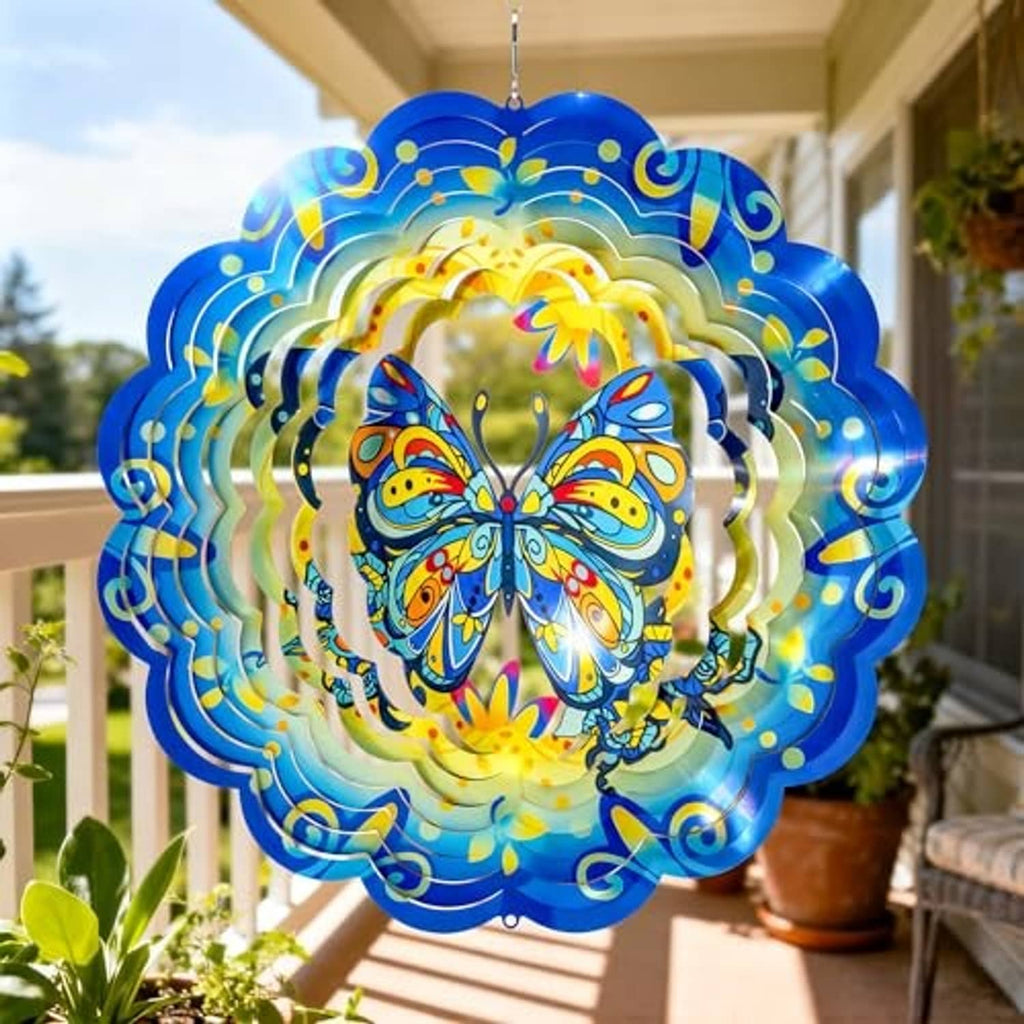Blue butterfly wind spinner with layered rings and bright multicolor butterfly design