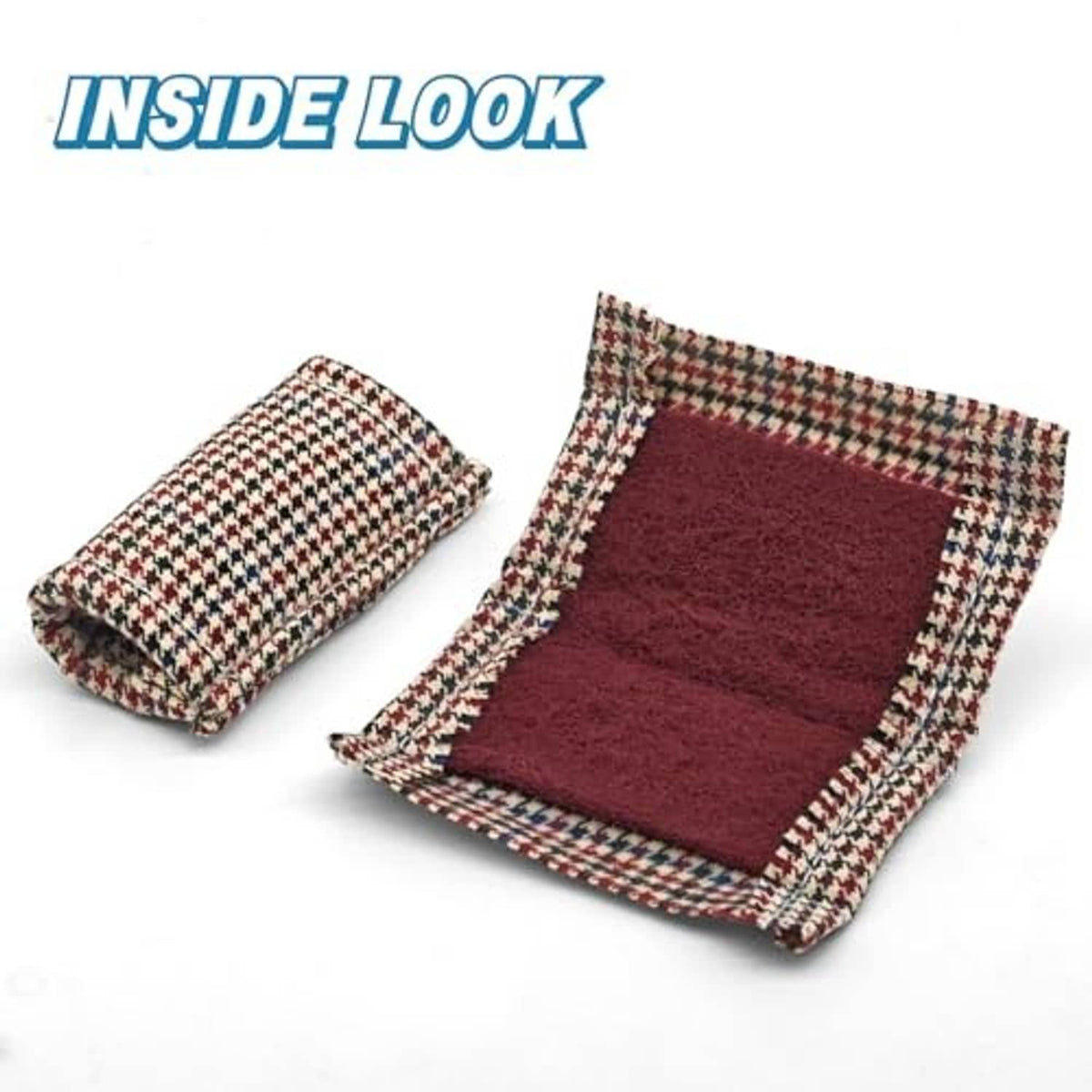 Houndstooth cue slicker cloth with burgundy inner cleaning pad, folded