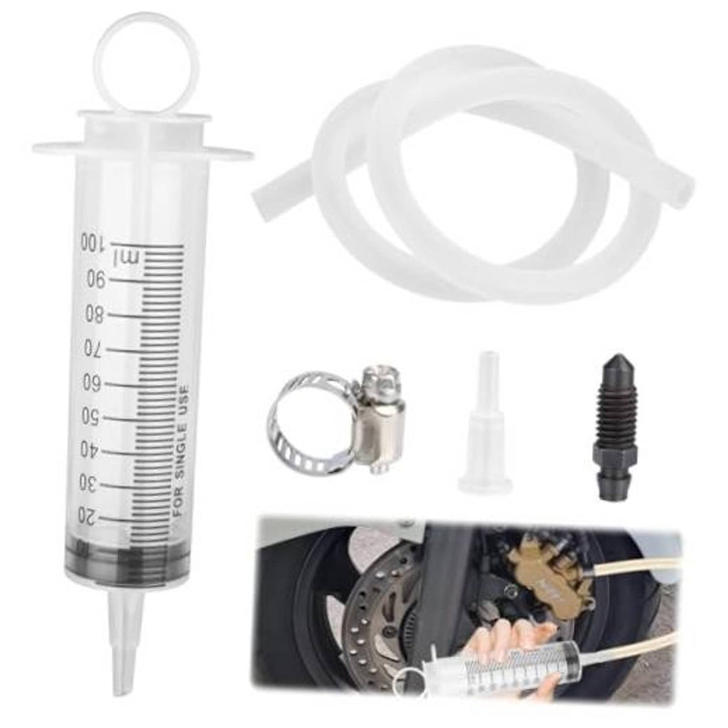 Motorcycle brake bleeder pump kit with 100 ml syringe, hose, clamp, and valve parts