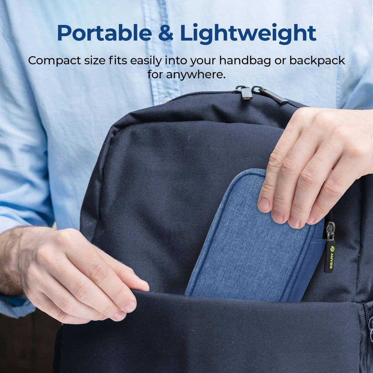 Blue inner pouch inside dark insulated cooler bag with zipper, hands opening