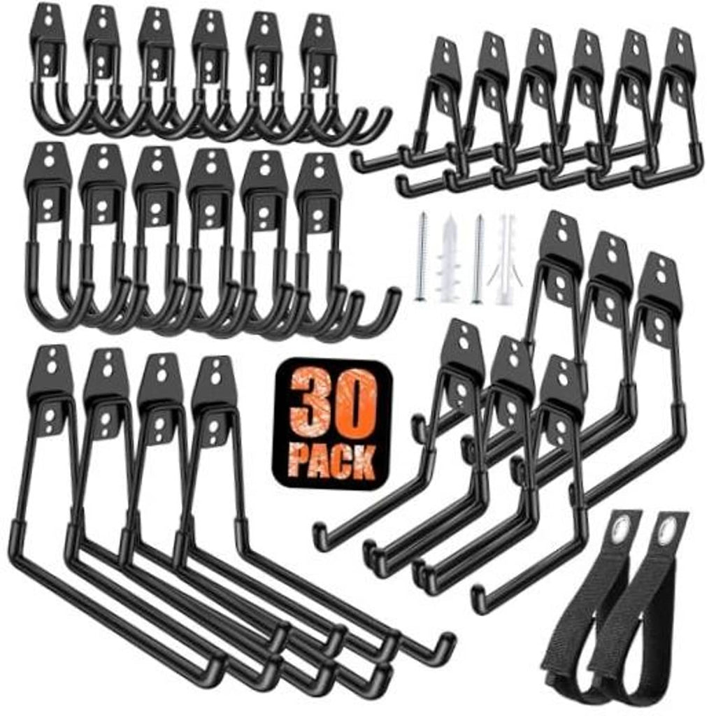 Black 30-pack garage storage hooks with double U-shaped tool hangers