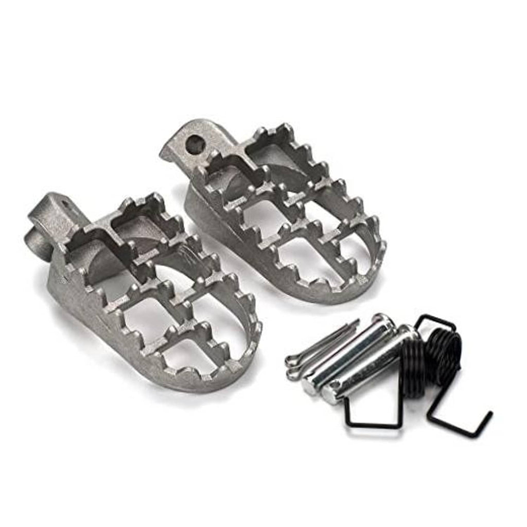 Aluminum dirt bike footrests, silver metal with grip studs, plus mounting hardware