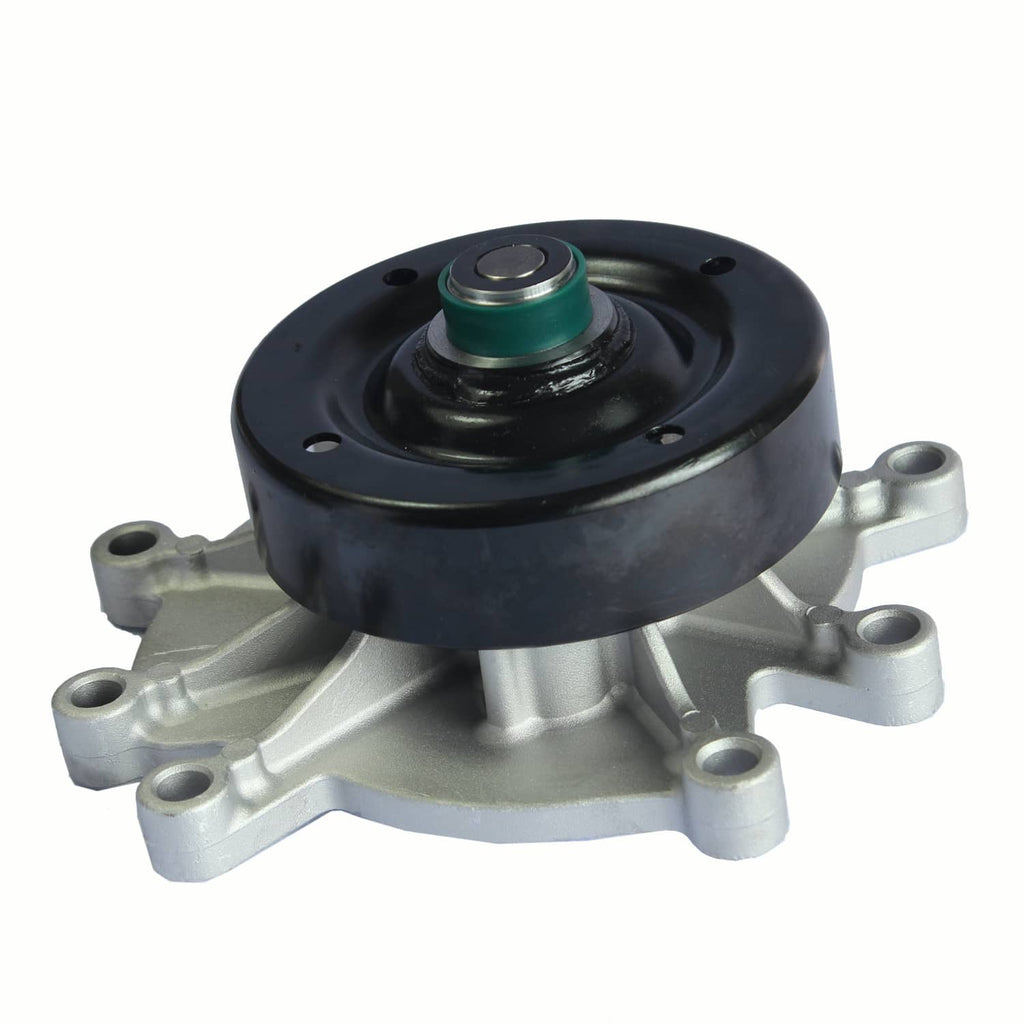 Water pump assembly with black pulley and green seal, metal bracket and outlet