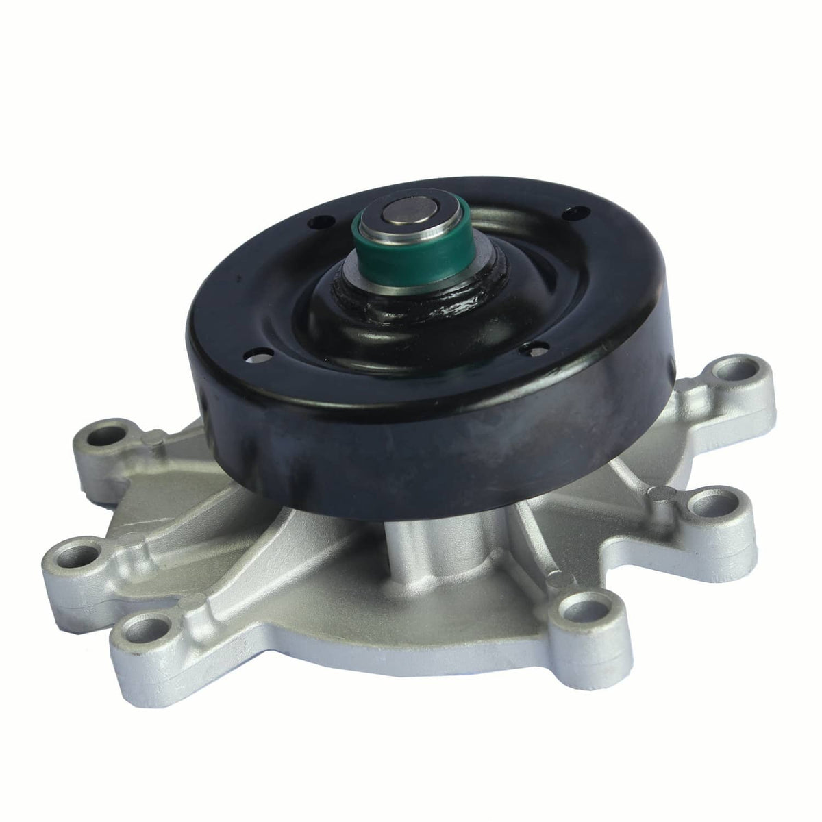 Water pump assembly with black pulley and green seal, metal bracket and outlet