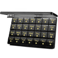 Black 4-week pill organizer with hinged compartments labeled Sun–Sat and numbered days