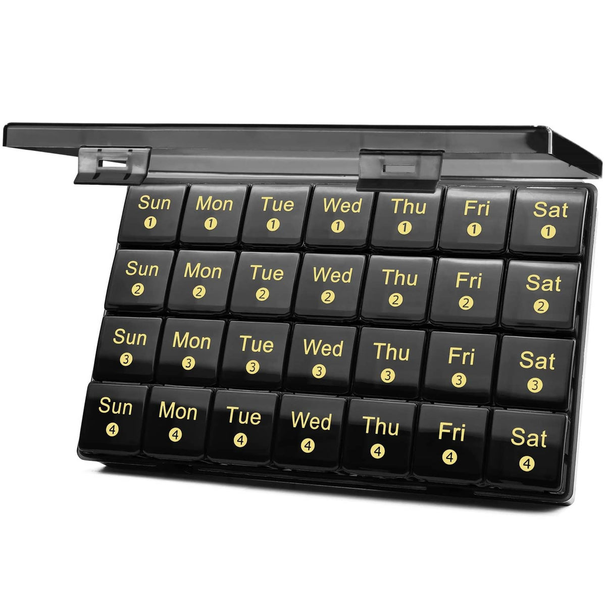 Black 4-week pill organizer with hinged compartments labeled Sun–Sat and numbered days