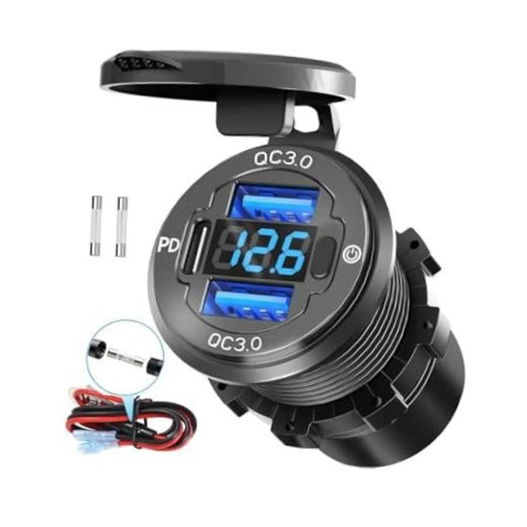 Round 12V car USB outlet hub with PD + QC3.0 ports, voltmeter display and power switch