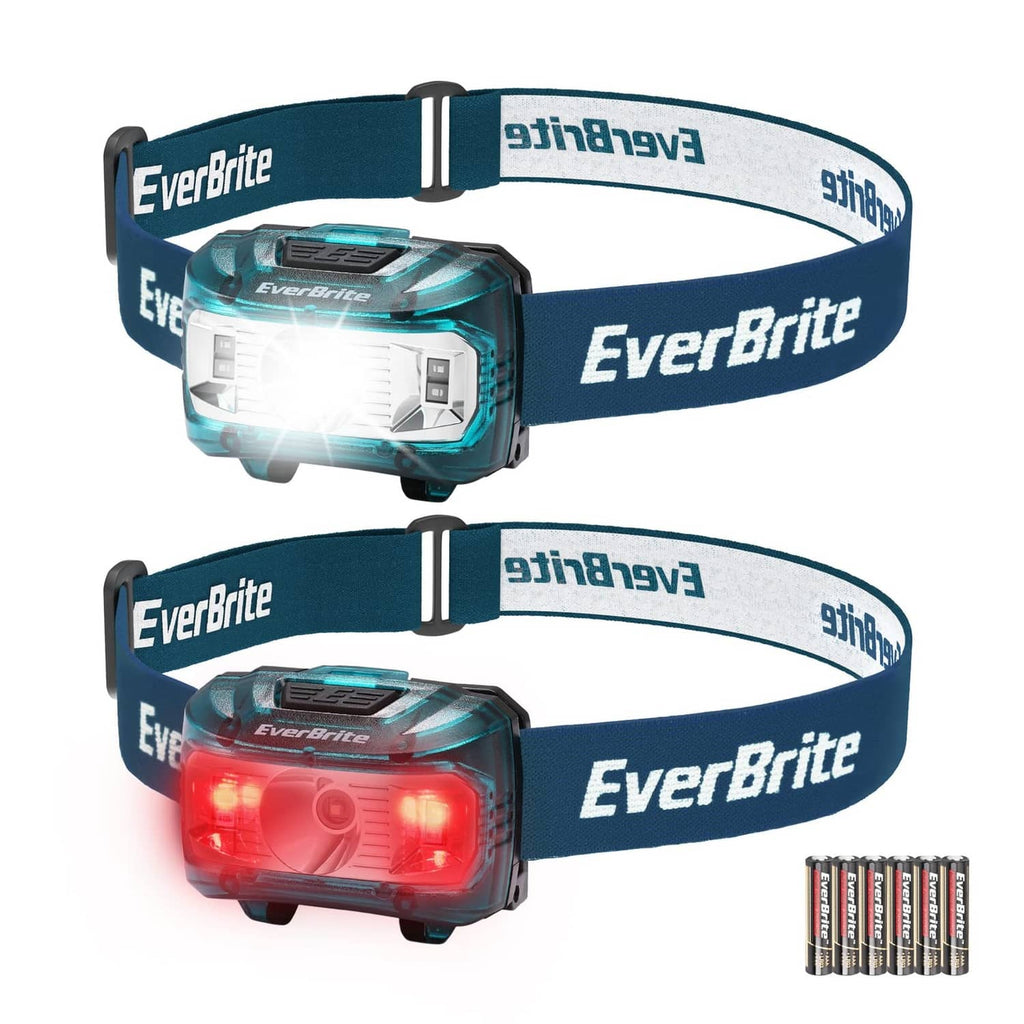 Two kids EverBrite headlamps with blue straps; one white light, one red light