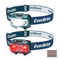 Two kids EverBrite headlamps with blue straps; one white light, one red light