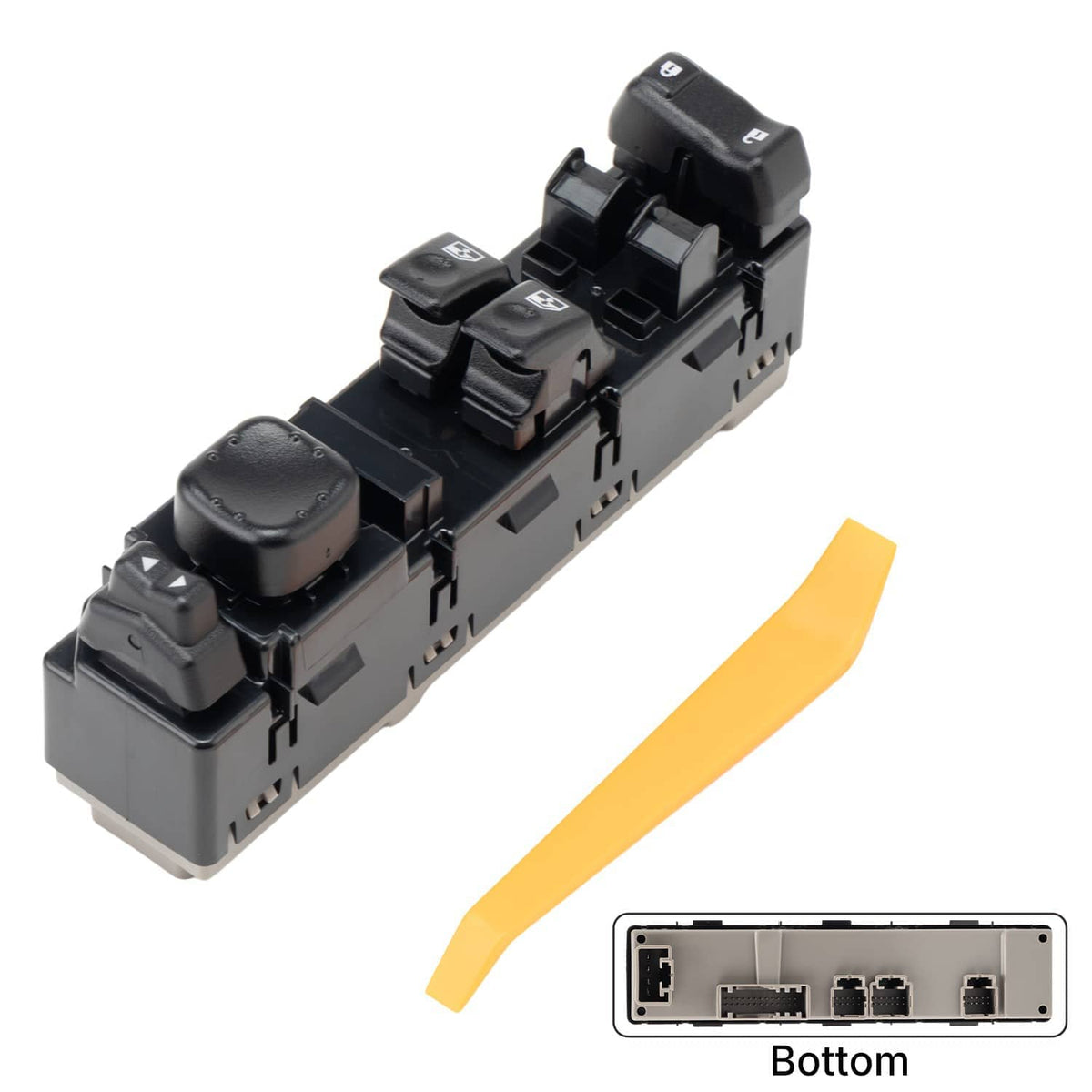 Power window switch with black buttons and bottom connector view