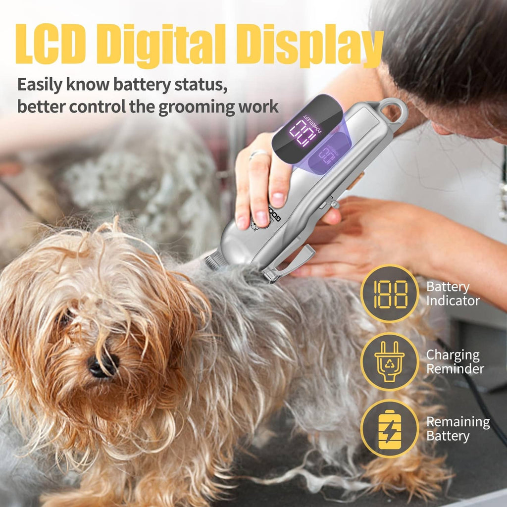 Gooad dog clipper with purple LCD digital display and indicator lights on handle