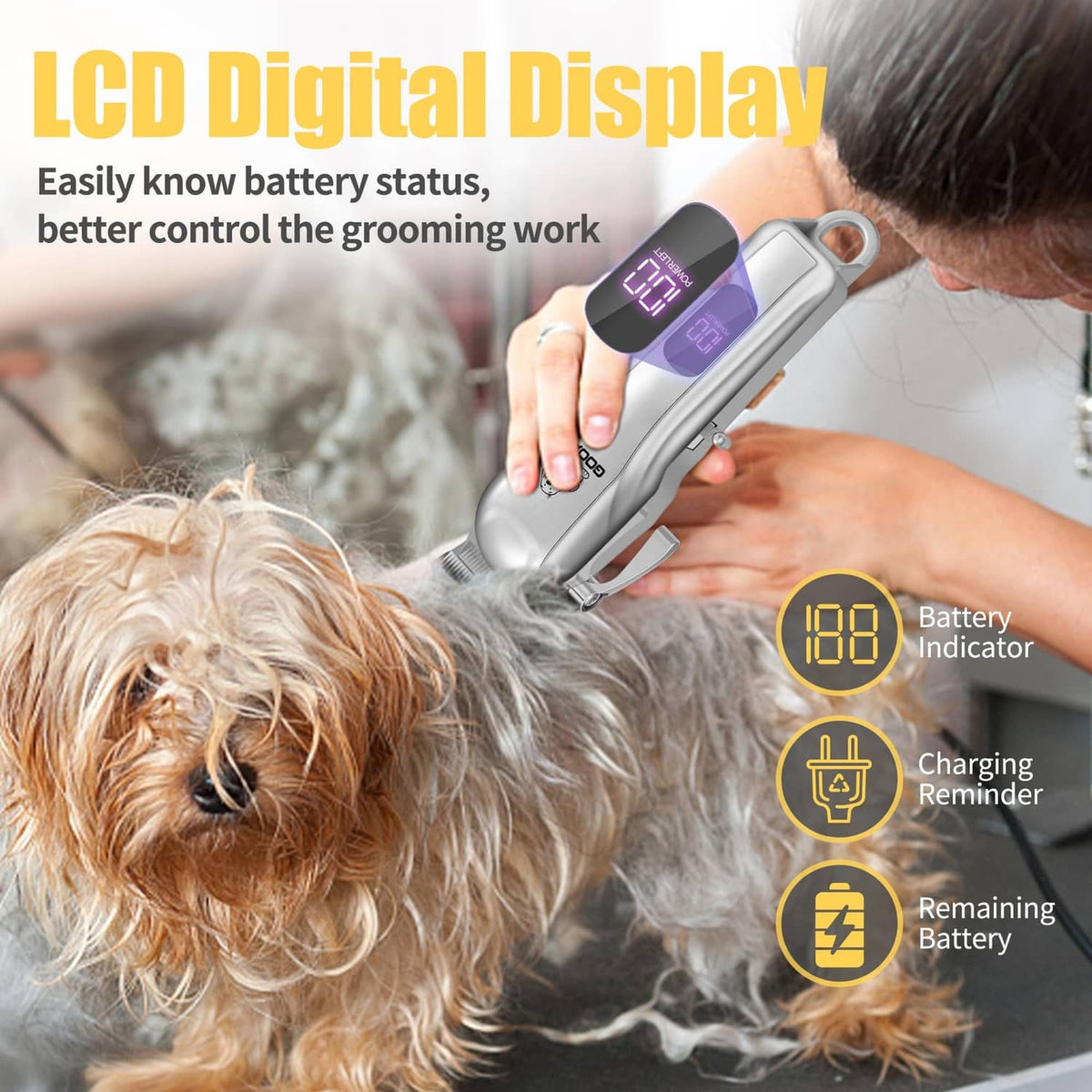 Gooad dog clipper with purple LCD digital display and indicator lights on handle