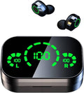 Black AI language translator earbuds with charging case and green LED display