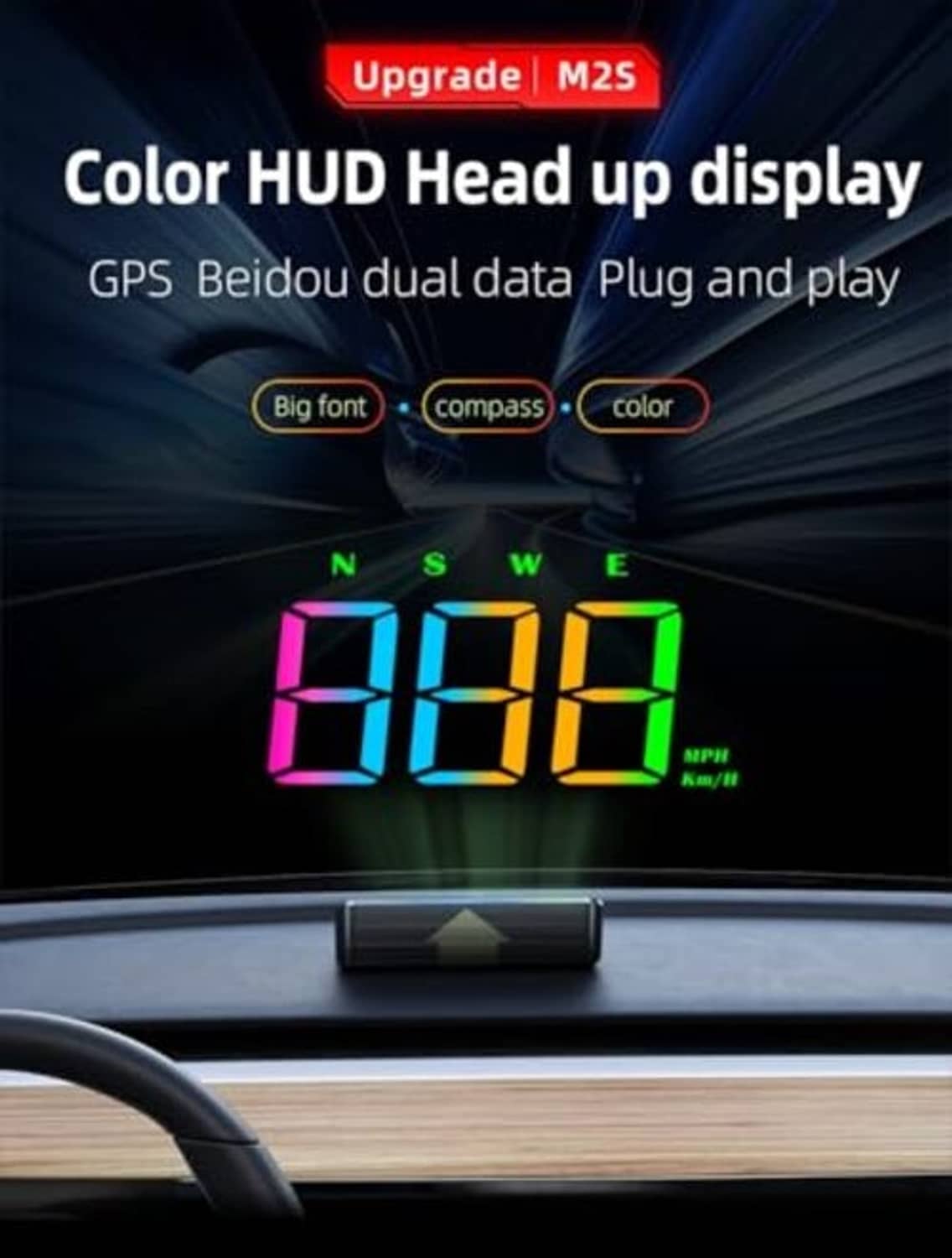 HUD head-up display showing multicolor 600 speed digits on glass projection