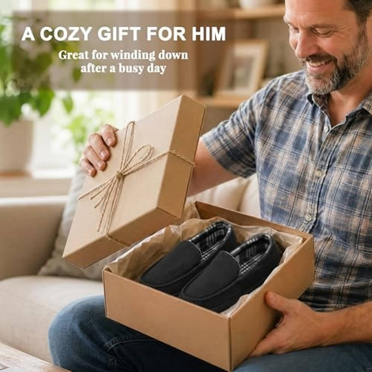 Black moccasin slippers in an open gift box