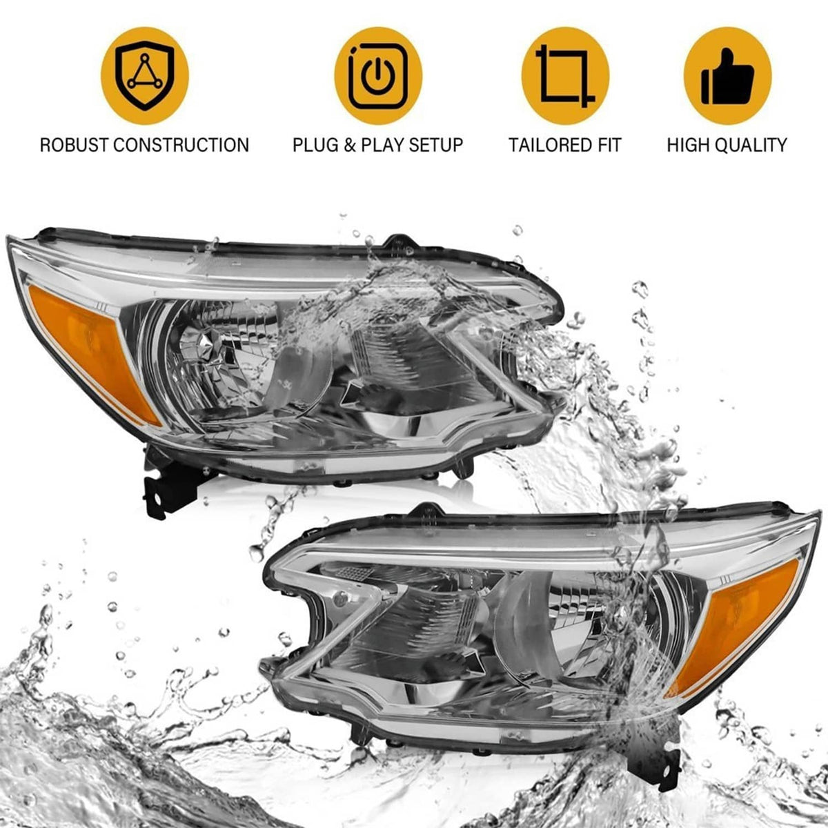 Chrome corner headlight set with clear lenses and amber markers, shown with water spray