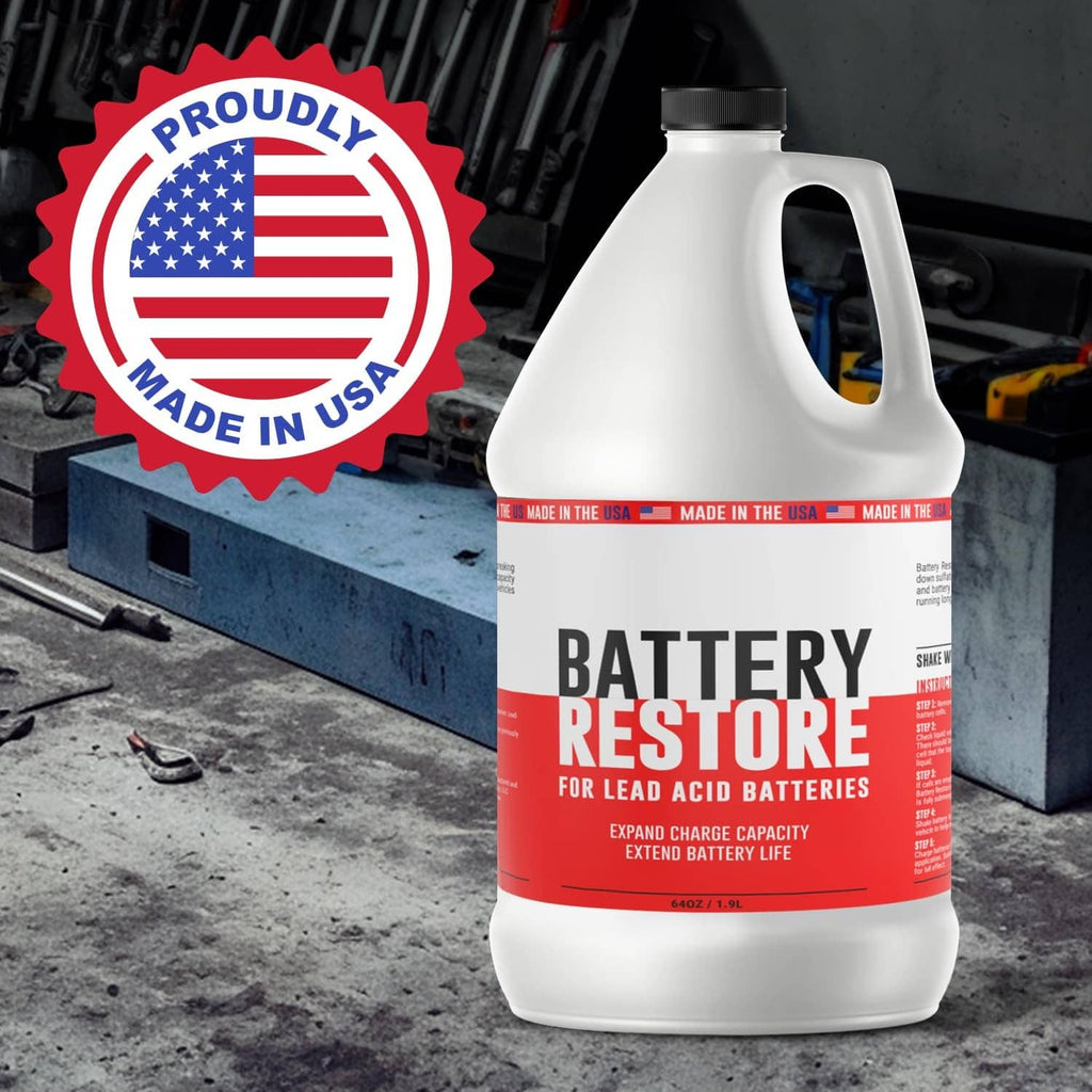 Lead-acid battery desulfator solution refill jug with Made in USA badge
