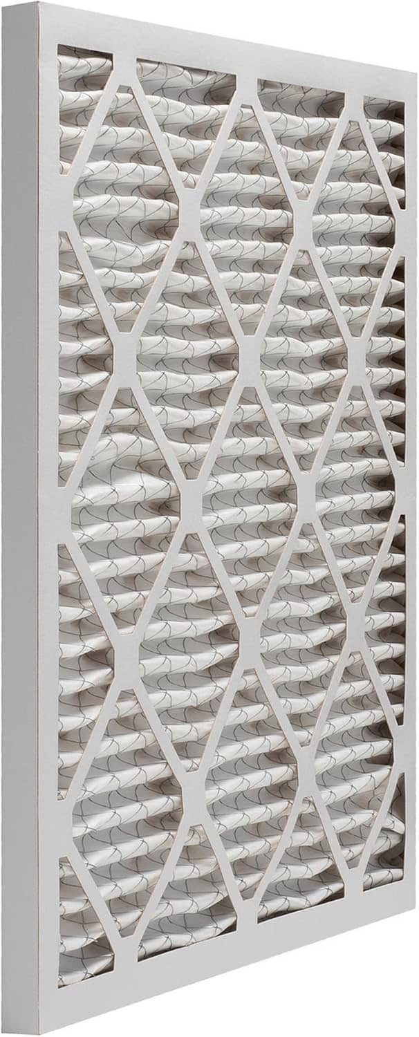 Pleated HVAC air filter with white grid frame and dense gray filter media