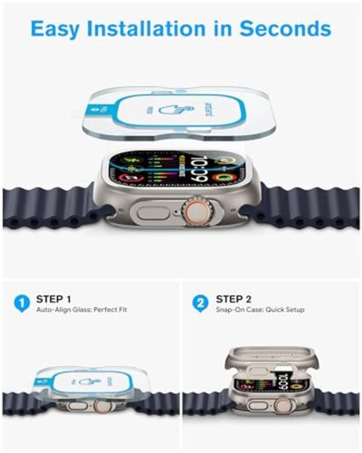Metal screen protector for Apple Watch, clear front with slim metal case frame
