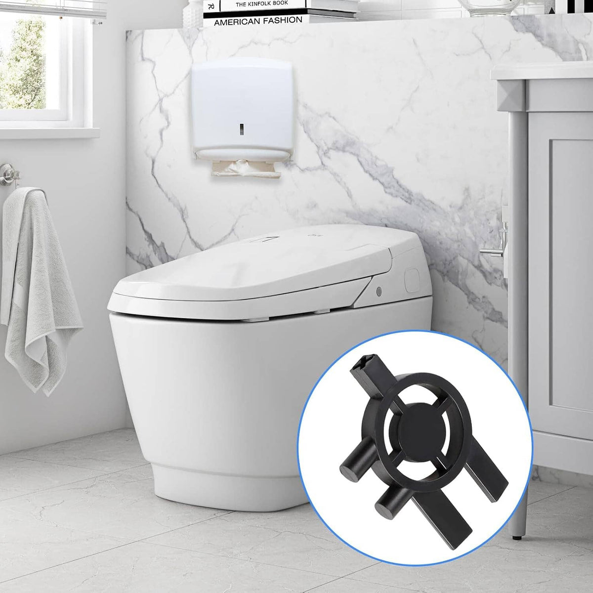 Set of five black plastic toilet paper dispenser keys with three-prong head