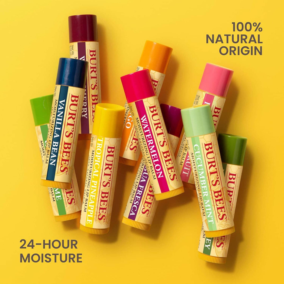 Assorted Burt's Bees lip balms, 100% natural origin including vanilla bean