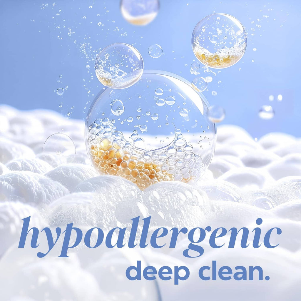 Foamy bubble detergent scene with hypoallergenic deep-clean text overlay