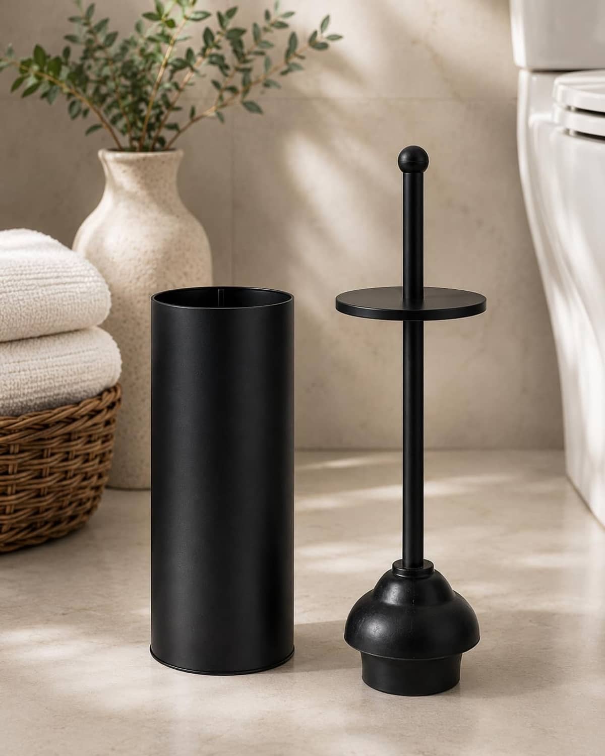 Matte black toilet plunger with holder, upright rod and wide suction cup