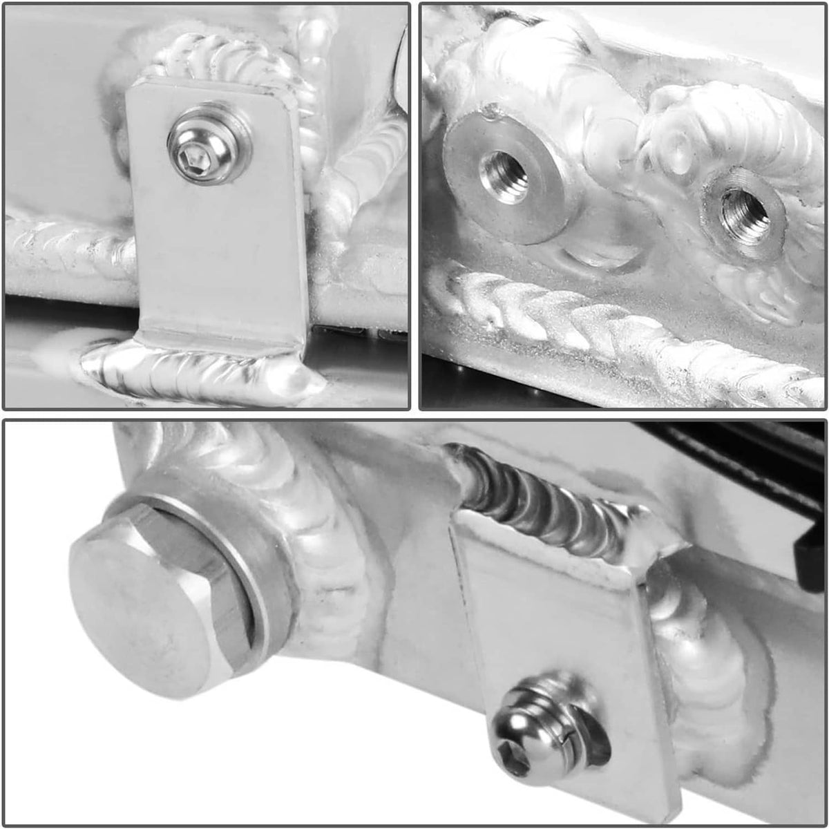 Aluminum radiator close-up of metal mounting bracket and threaded fittings