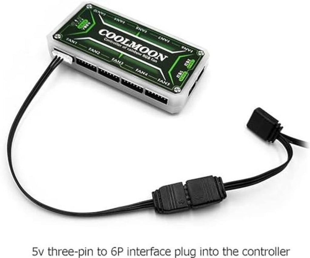 COOLMOON fan controller interface board with green ports and adapter cables