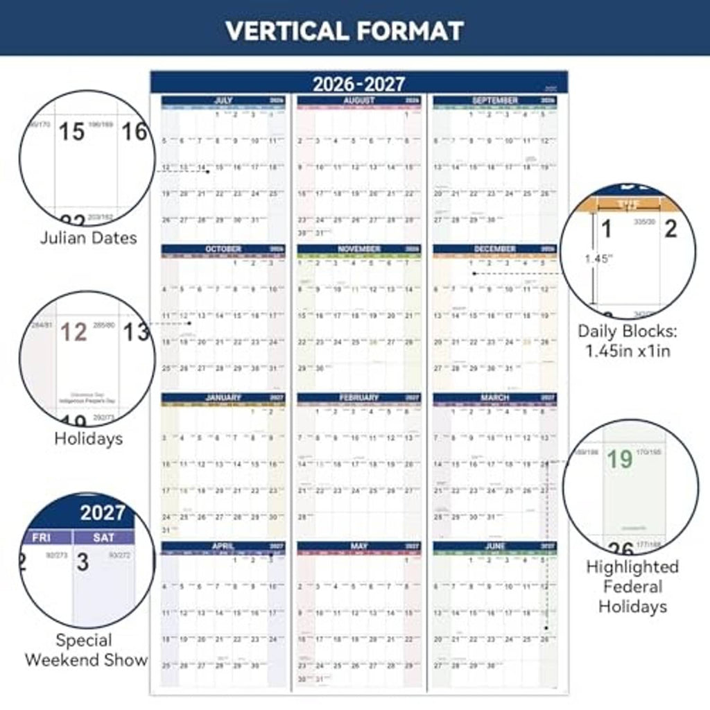 2026-2027 vertical wall calendar with Julian dates, holiday notes, and highlighted federal holidays