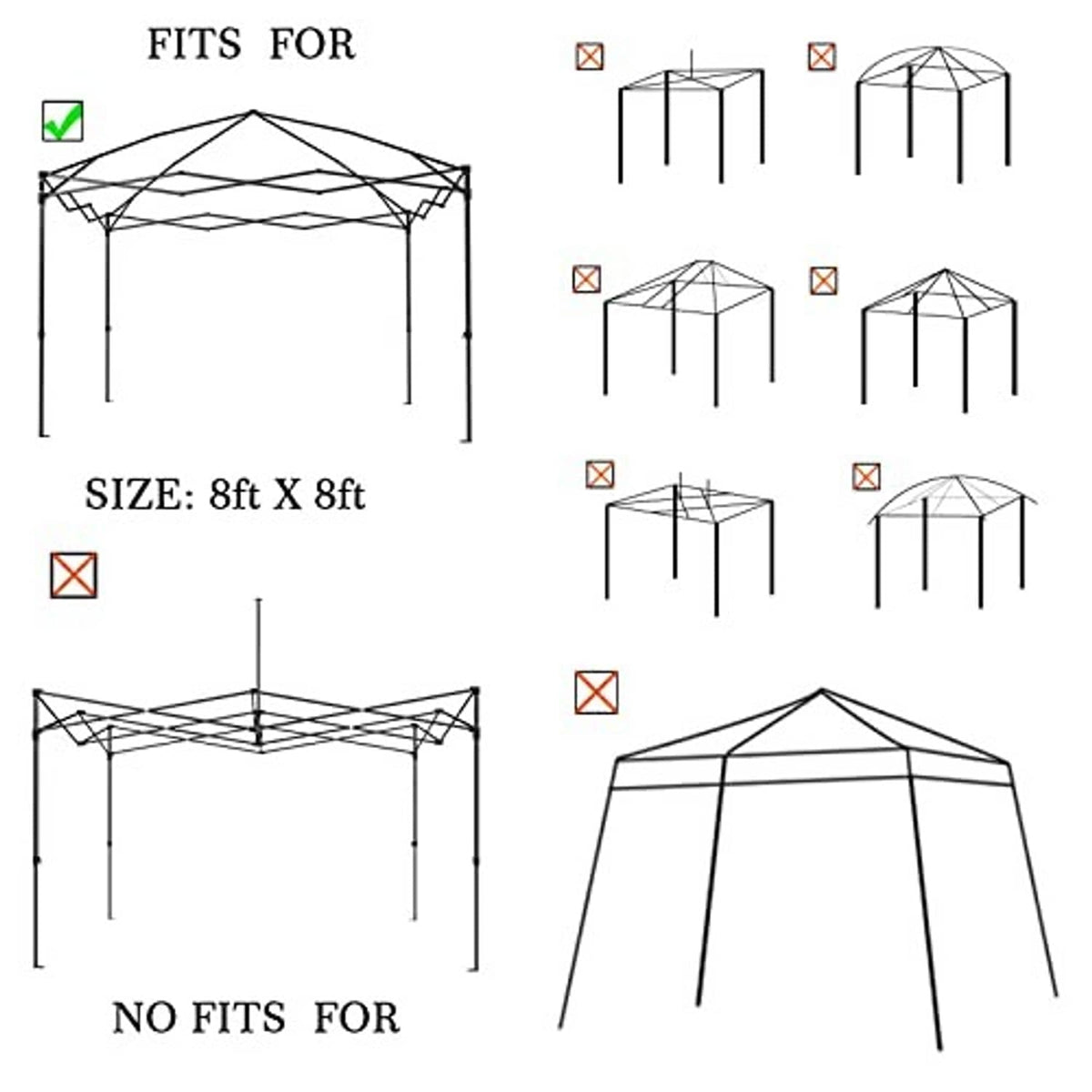 Canopy top size guide showing fit for 8ft x 8ft pop-up frames only